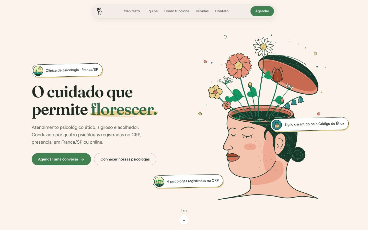 Topo do site da arvoreSer, com a ilustração de uma mulher de olhos fechados e flores nascendo da cabeça