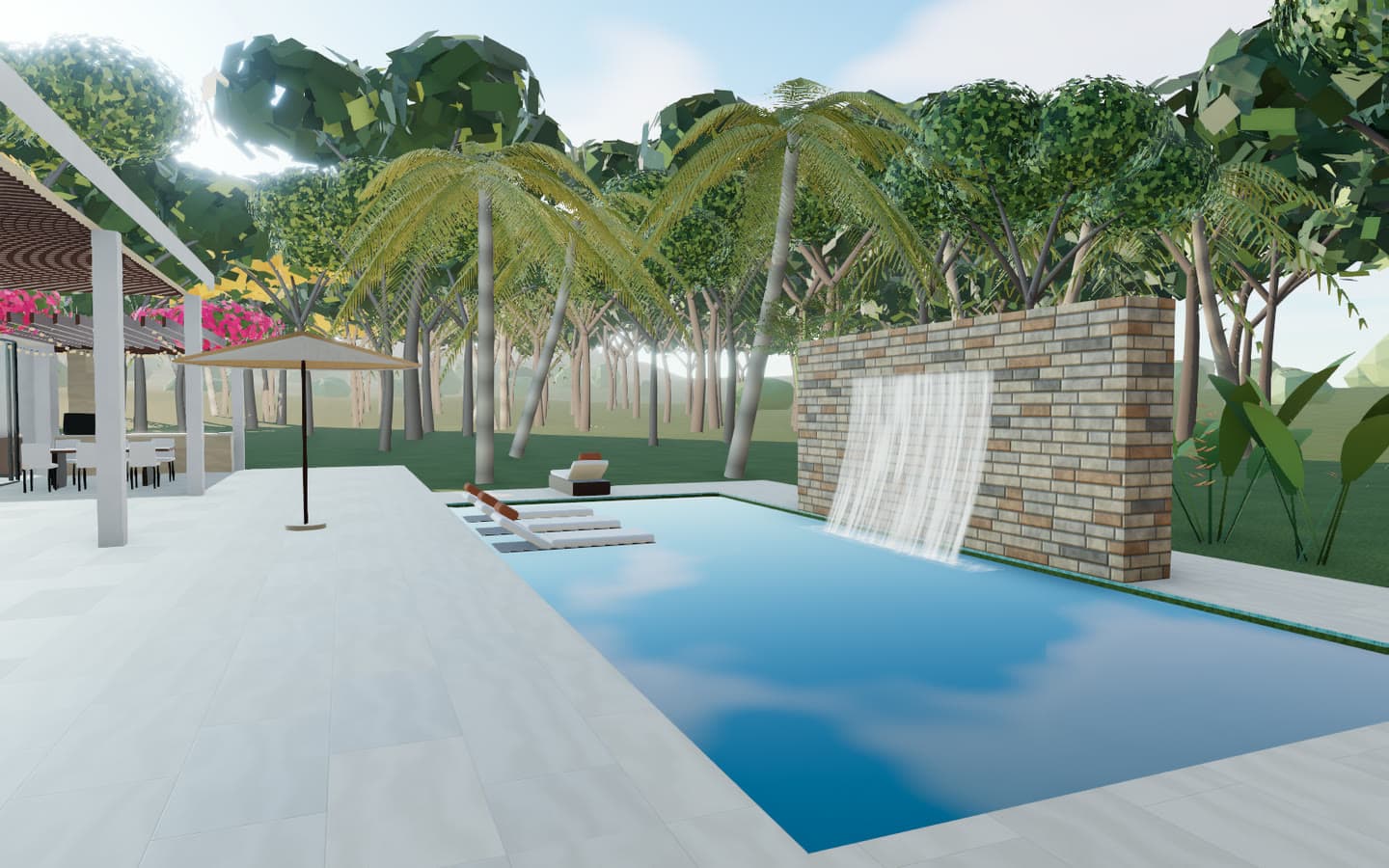 Piscina da Casa Brisa renderizada em 3D, com cascata no muro de tijolos, palmeiras e a área gourmet ao fundo