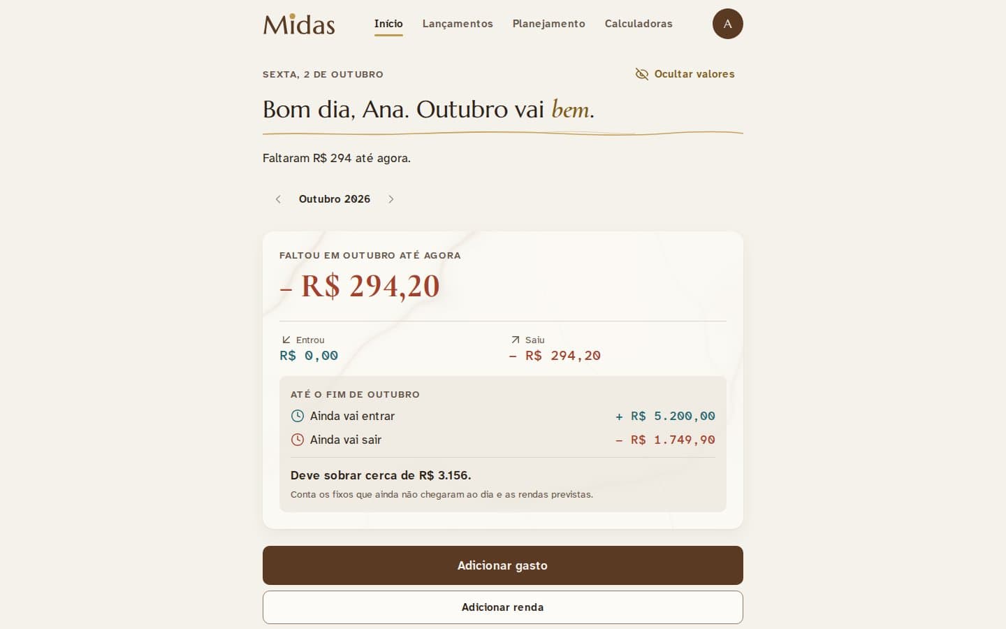 Tela inicial do Midas, com o saldo do mês e o que ainda vai entrar e sair